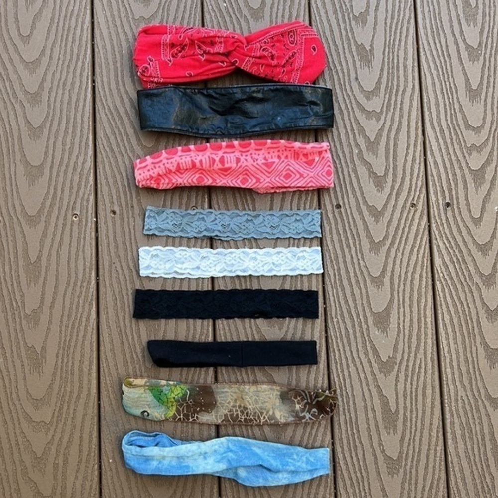 Bundle/9 headbands, red paisley,faux leather/jeans/pnk geo/3 lace,tiedye,brn/blk